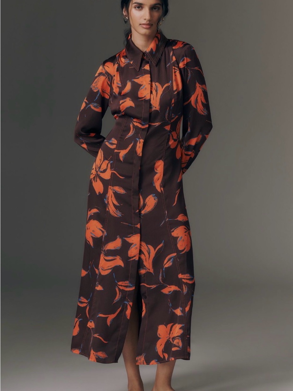 Exquise Long-Sleeve Satin Shirt Dress in a dark brown floral print Sz S -NWT